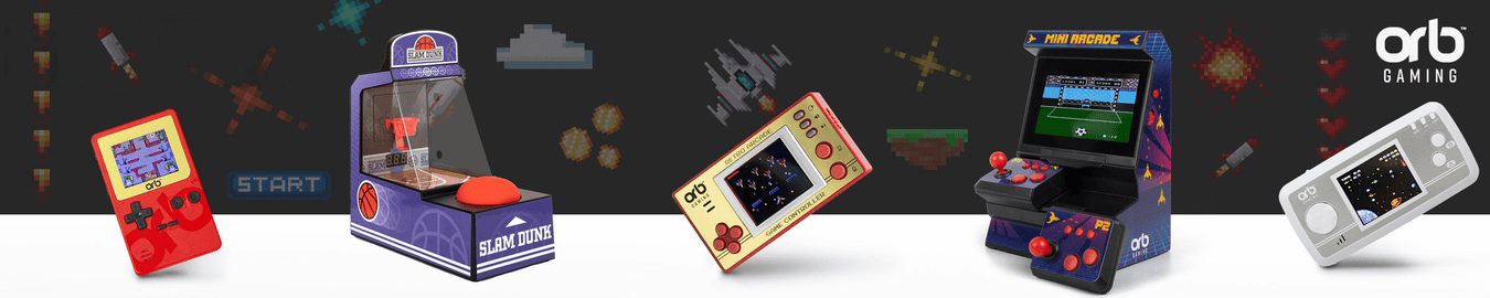 Numerous Orb Gaming Mini Retro Arcade Machines in a row with a Retro Background