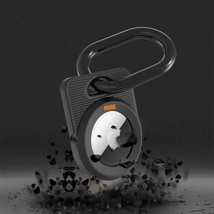 RUGD. Army Air Tag Case for Apple AirTag in black with carabiner, designed for outdoor protection and versatility.