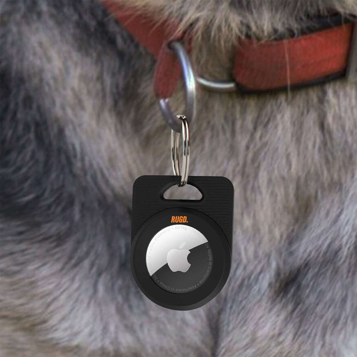 RUGD. Army Air Tag Case holding an Apple AirTag on a dog's collar, showcasing its protective design and versatility.