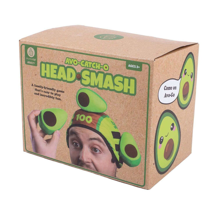 Avo-Catch-O Head Smash Game packaging showing playful avocado hat and friends having fun.