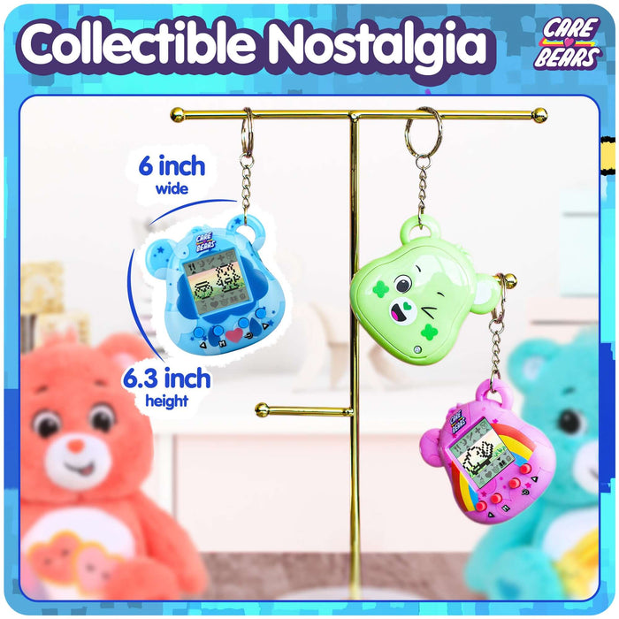 Collectible Care Bears Digital Pets displayed on a stand, showcasing Grumpy Bear and features like size details.
