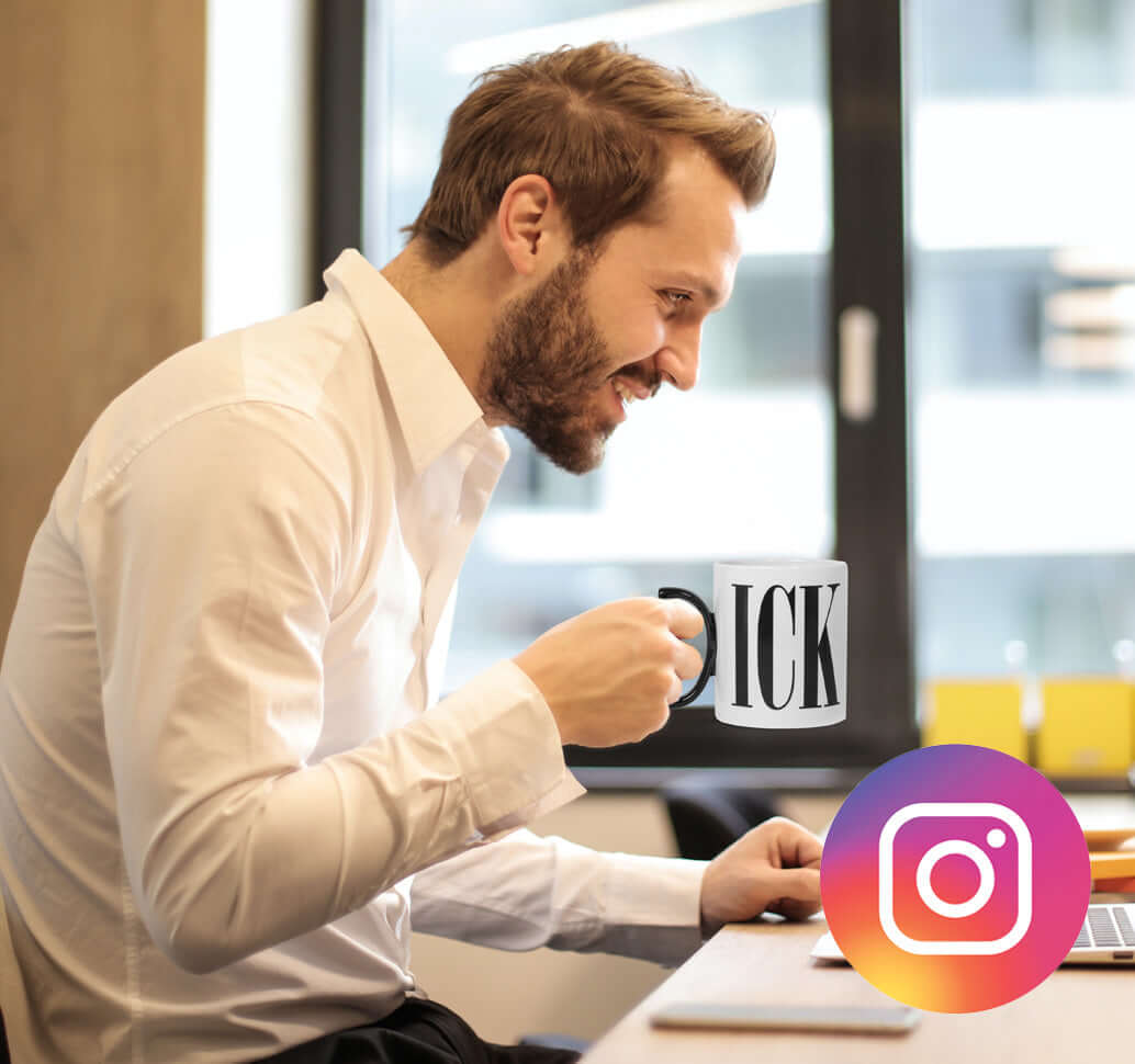 Man holding ICK mug and Instagram logo