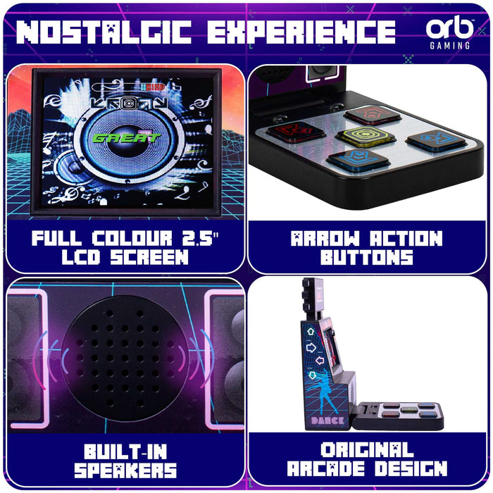 Mini Finger Dance Arcade Machine with vibrant LCD, arrow buttons, built-in speakers, and retro design.
