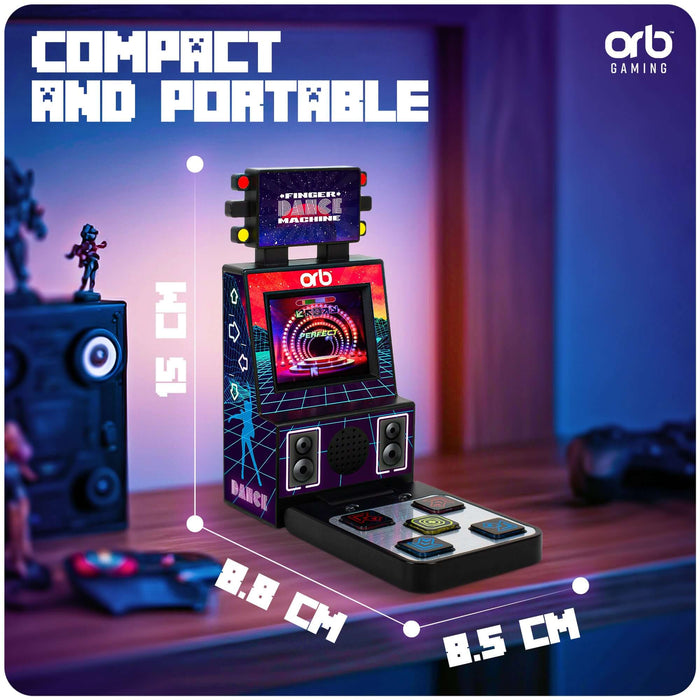 Mini Finger Dance Arcade Machine by Orb, showcasing compact dimensions 15x8.8x8.5 cm, ideal for portable gaming.