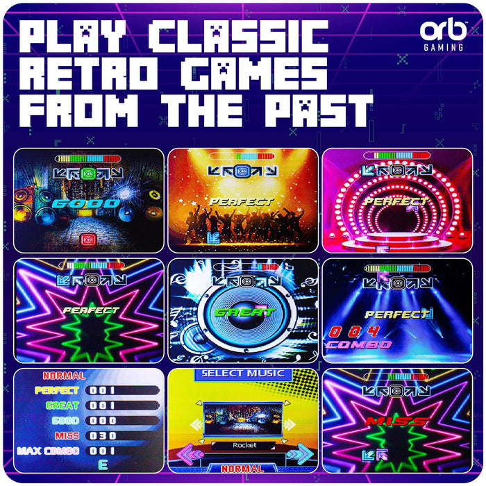 Retro game interface showcasing a mini finger dance arcade machine with vibrant visuals and song selection options.