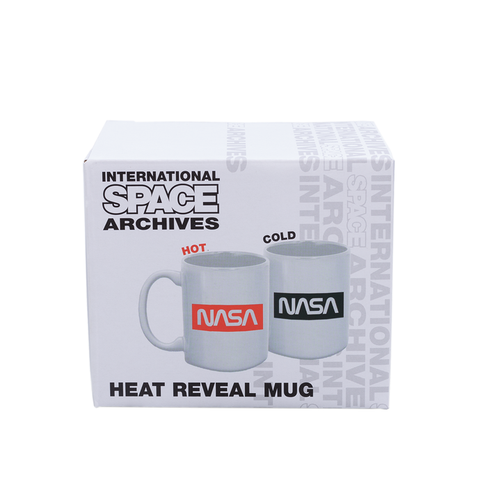NASA Colour Changing Mug packaging showcasing heat reveal design with logo for space enthusiasts.
