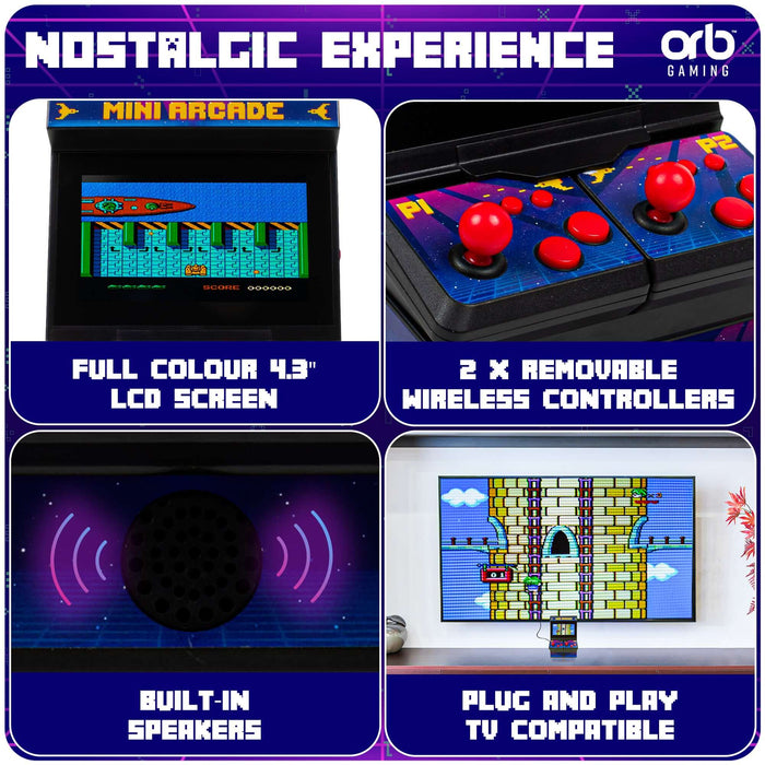 Retro Mini Arcade Machine (2 Player) with 4.3" LCD screen, wireless controllers, built-in speakers, and TV compatibility.