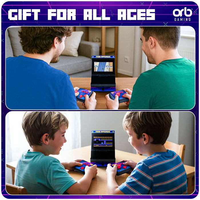 Two players enjoying the Orb Retro Mini Arcade Machine (2 Player) at home, a perfect gift for all ages.