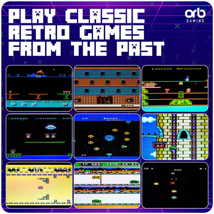 Collage of classic retro games showcasing gameplay from the Orb Retro Mini Arcade Machine (2 Player).