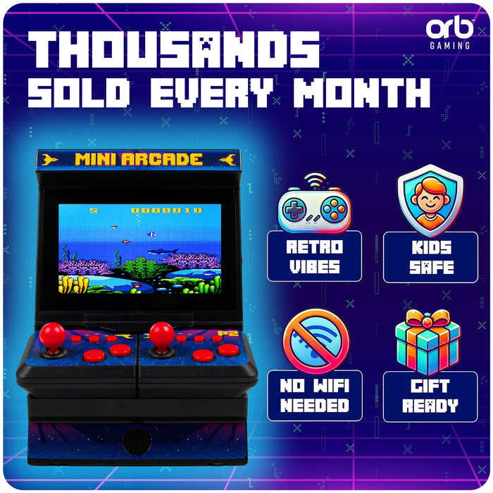 Retro Mini Arcade Machine (2 Player) with colorful design, two controllers, kids safe, gift ready.