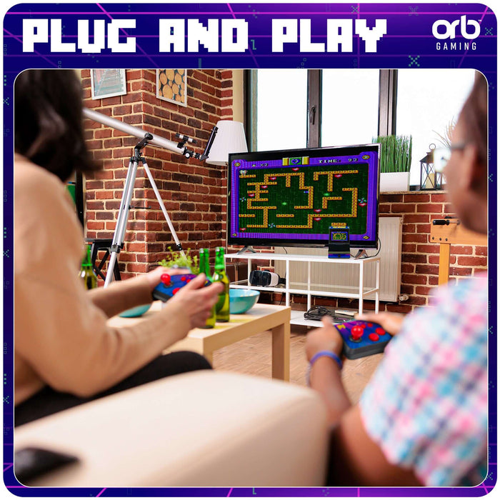 Two players enjoying the Retro Mini Arcade Machine (2 Player) with wireless controllers while playing a classic game.