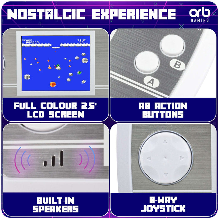 Retro Mini Handheld Games Console showing 2.5-inch LCD screen, AB buttons, built-in speakers, and 8-way joystick.