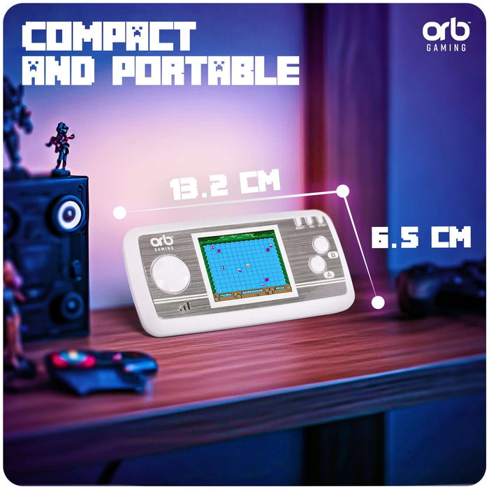Orb Retro Mini Handheld Games Console, compact size dimensions on display, perfect for portable gaming.