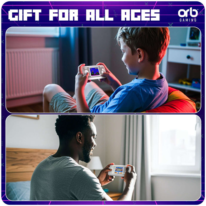 Child and adult enjoying the Orb Retro Mini Handheld Games Console, showcasing it as a perfect gift for all ages.