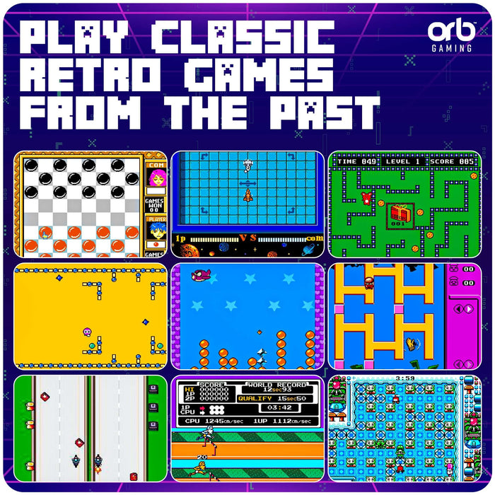 Collage of classic retro games including puzzles and platformers for Orb handheld console.