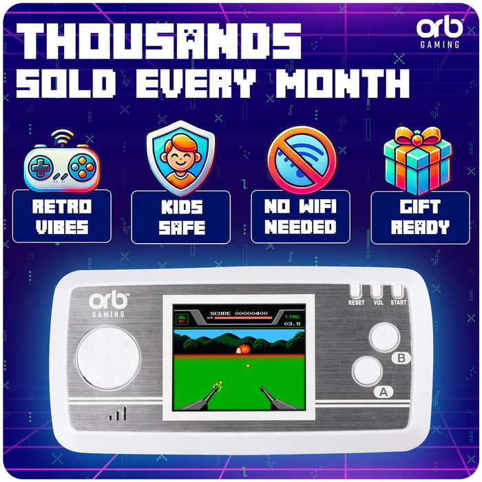 Retro Mini Handheld Games Console showing 2.5-inch screen, highlights features like no WiFi needed and gift-ready.