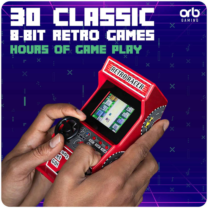 Retro Mini Racing Arcade Machine featuring 30 classic 8-bit games for hours of gameplay.