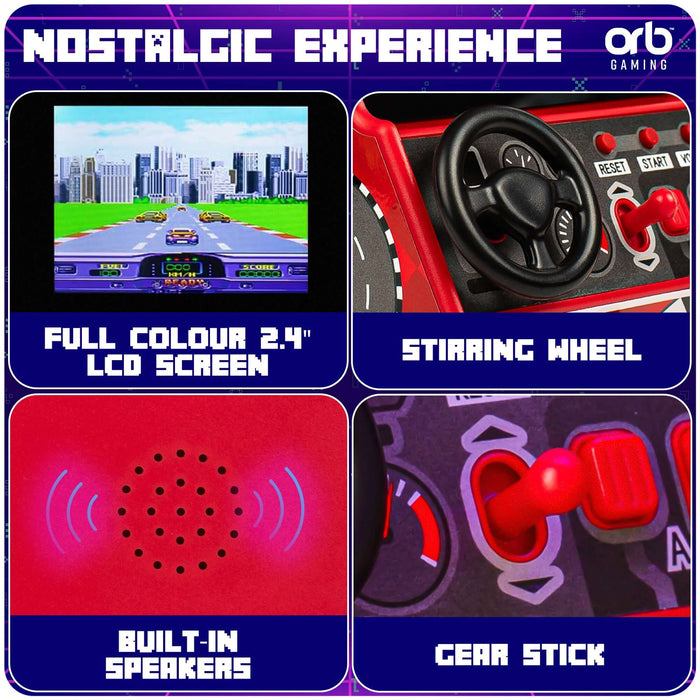 Orb Retro Mini Racing Arcade Machine features: 2.4" LCD screen, authentic steering wheel, built-in speakers, gear stick.