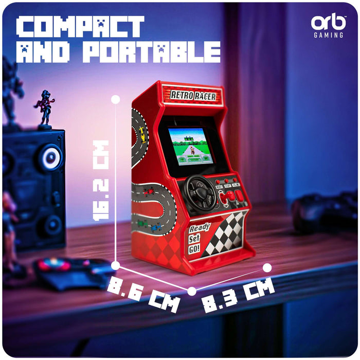 Compact and portable Retro Mini Racing Arcade Machine (30 Games) with dimensions for easy placement and gameplay.