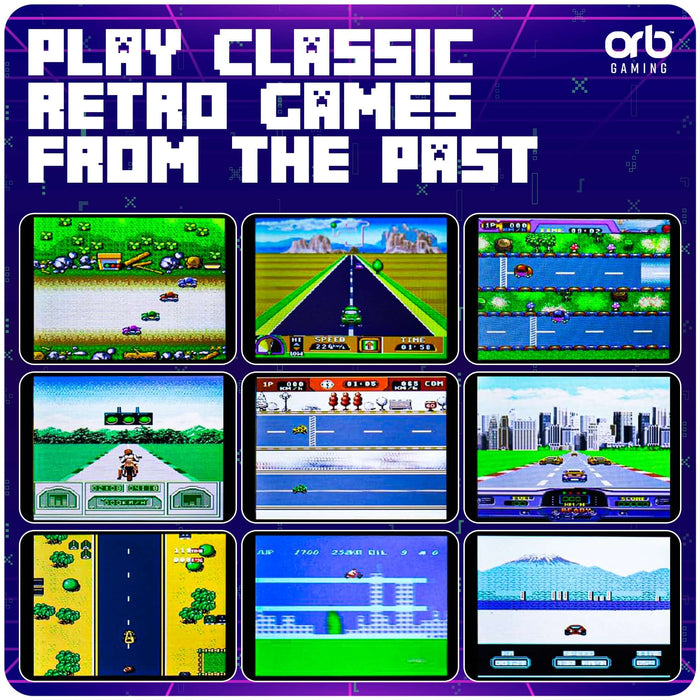 Classic retro games from the past featuring 8-bit graphics on Orb Retro Mini Racing Arcade Machine.