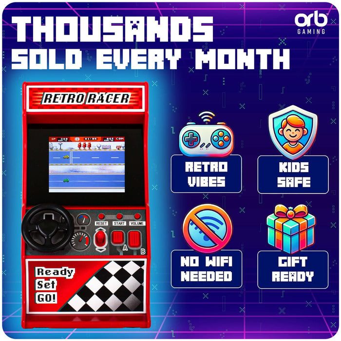 Orb Retro Mini Racing Arcade Machine showcasing gameplay, features icons, and promotional text about its popularity.