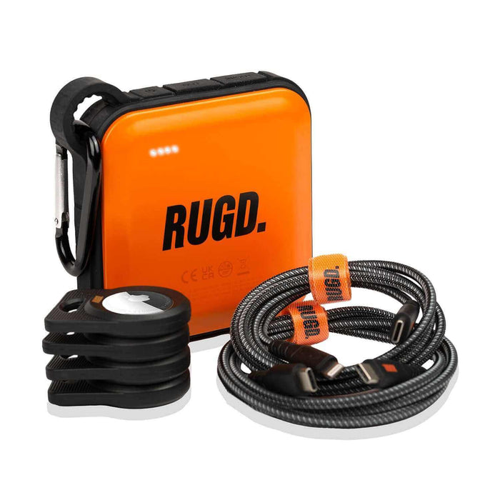 Ultimate Travel Bundle featuring RUGD Power Brick, Rhino Power Cables, and Army AirTag Cases for portable convenience.