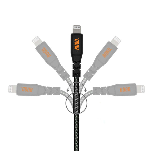 RUGD. Rhino Power Lightning Cable showcasing flexibility and durability with multiple bending angles