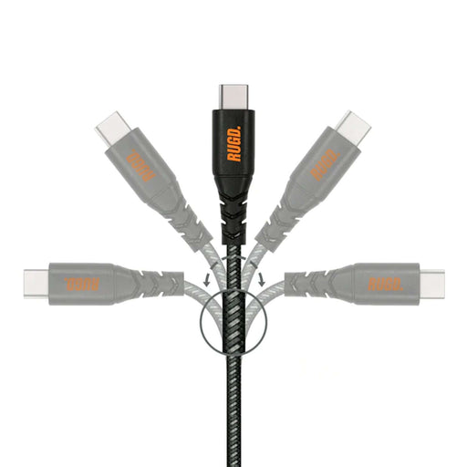 RUGD. Rhino Power USB-C to USB-C charging cable showcasing its durable design and universal compatibility.