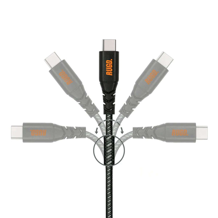 RUGD. Rhino Power USB-C to USB-C charging cable showcasing its durable design and universal compatibility.