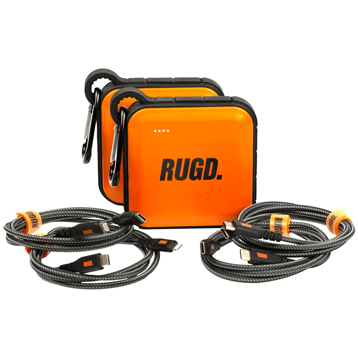 RUGD. Double Pack Bundle featuring power banks and charging cables, perfect for outdoor adventures.