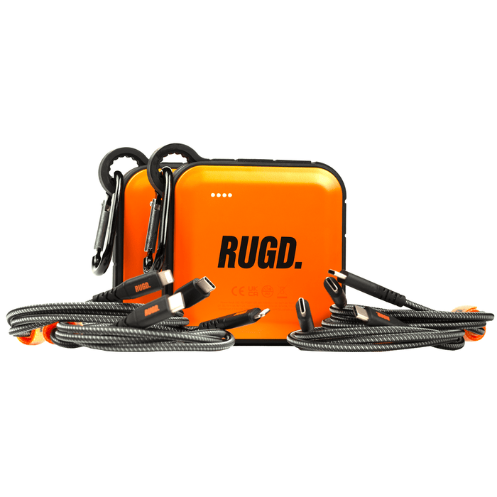 RUGD. Double Pack Bundle featuring power bank and camping light with charging cables.