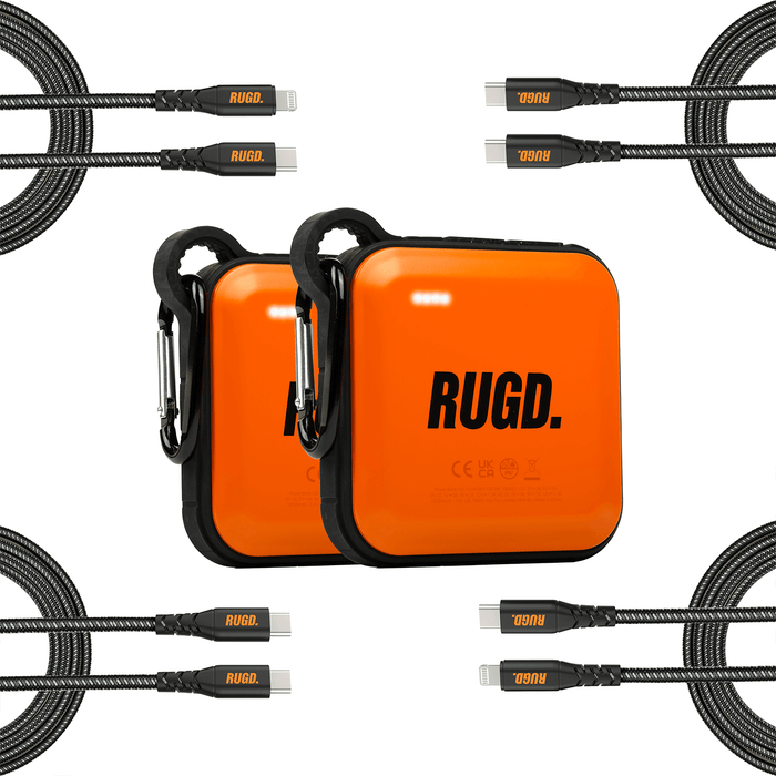 RUGD. Double Pack Bundle featuring outdoor power banks with carabiners, surrounded by charging cables.