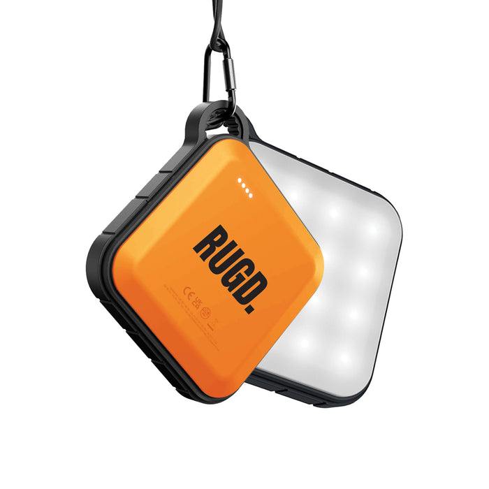 RUGD. Power Brick I - Power Bank & Camping Light with carabiner attachment, featuring fast charging and 16 LED night/SOS light.