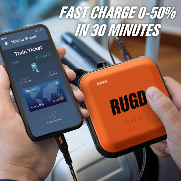 RUGD Power Brick fast charges devices from 0-50% in 30 minutes, showcased with a mobile wallet on a travel bag.