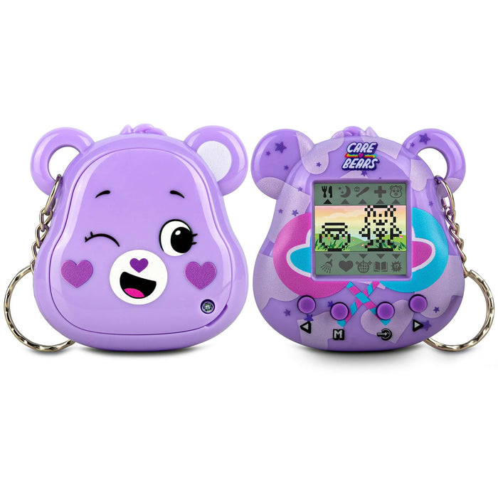 Care Bears digital pet Share Bear in purple design with screen and buttons, featuring a playful wink and heart details.