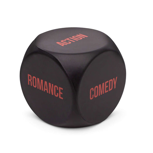 Stress Flix Dice Game showing a black dice with genres: Action, Romance, and Comedy.