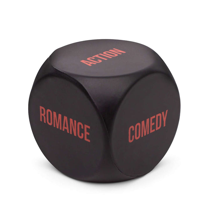 Stress Flix Dice Game showing a black dice with genres: Action, Romance, and Comedy.