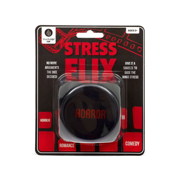 Stress Flix Dice Game packaging featuring categories: Horror, Romance, Comedy for easy TV show selection.