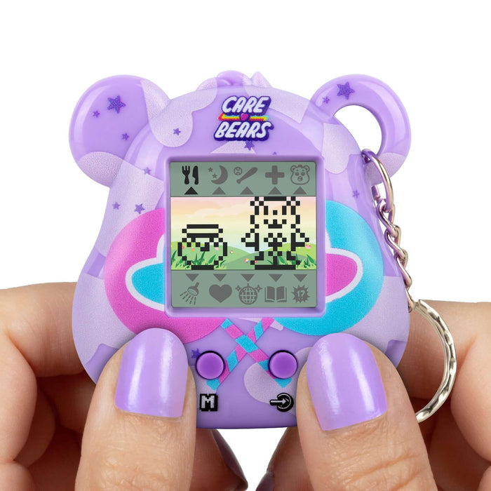 Care Bears Digital Pet handheld device featuring pixel animations and interactive gameplay in a purple bear design.