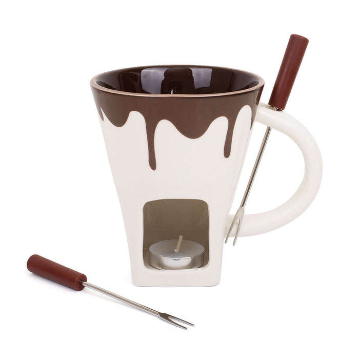 Chocolate Fondue Mug with dipping forks and candle, perfect for enjoying melted chocolate treats at home.