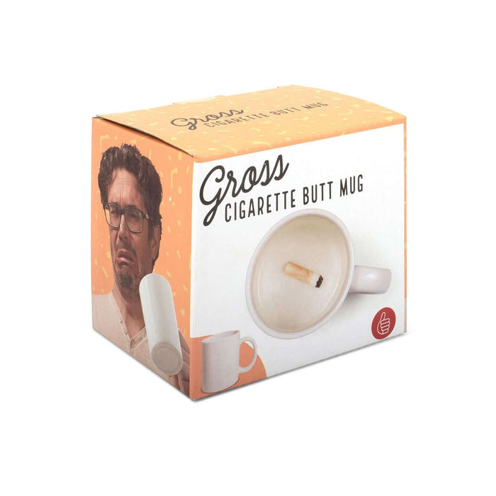 Cigarette 'Prank' Mug packaging with a humorous design featuring a cigarette butt inside.