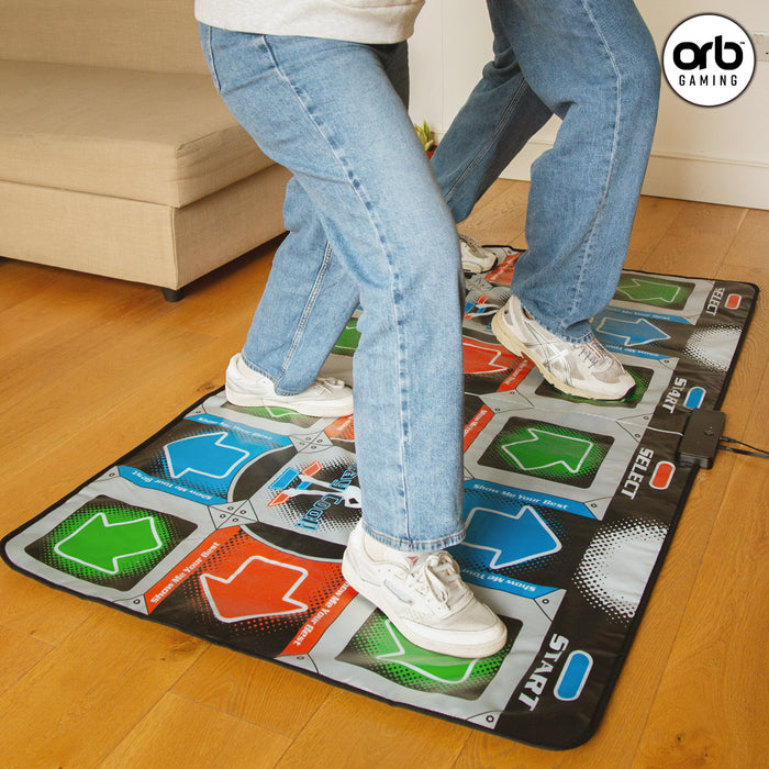 Two players dancing on the Orb - Retro Arcade Dance Mat (2 Player) with colorful directional arrows.