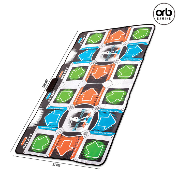 Orb - Retro Arcade Dance Mat (2 Player) featuring colorful arrows for dance gameplay and measurements.