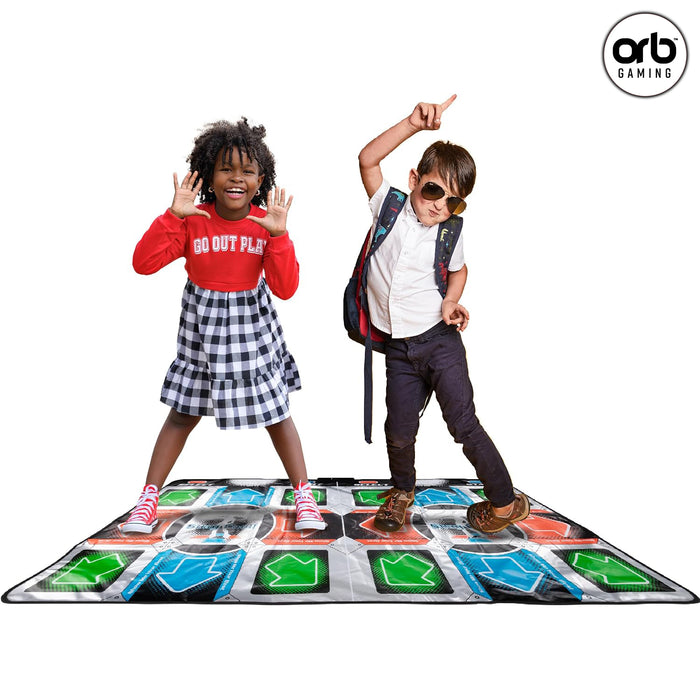 Kids dancing on the Orb - Retro Arcade Dance Mat (2 Player) with colorful arrows, enjoying a fun gaming experience.