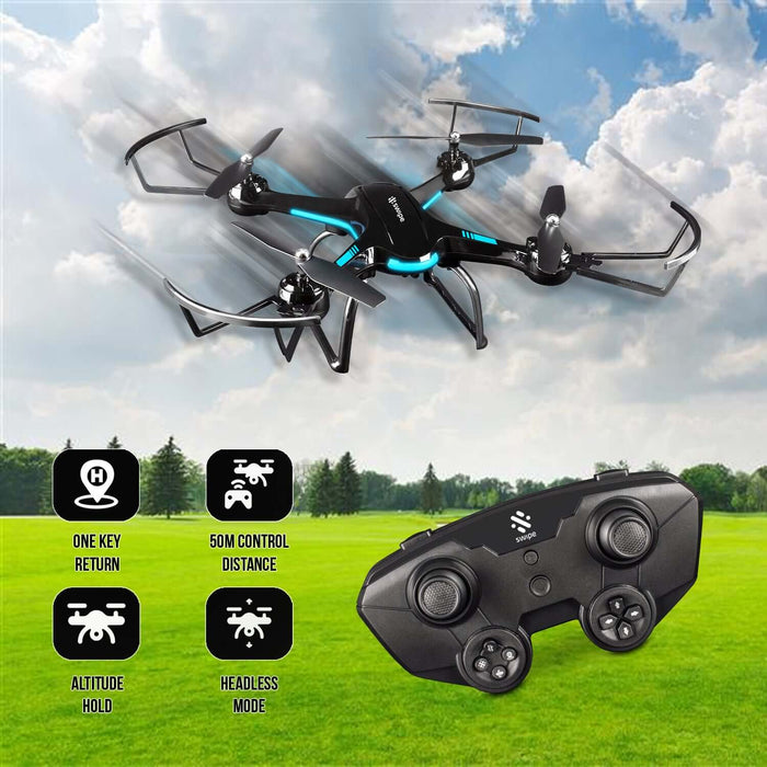 Air Blade Drone in flight with controller showing features like altitude hold, headless mode, and one key return.