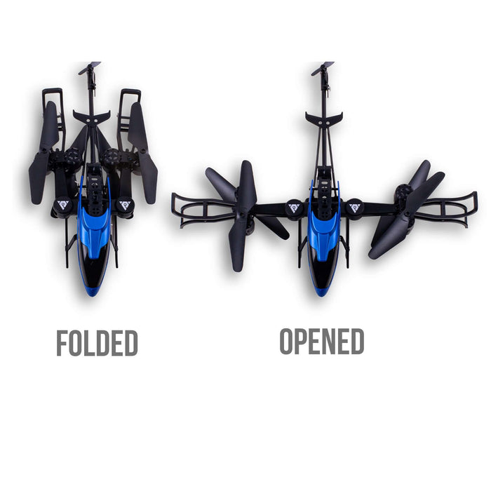 Swipe Air Chopper Drone shown in folded and opened positions for easy storage and flight readiness.