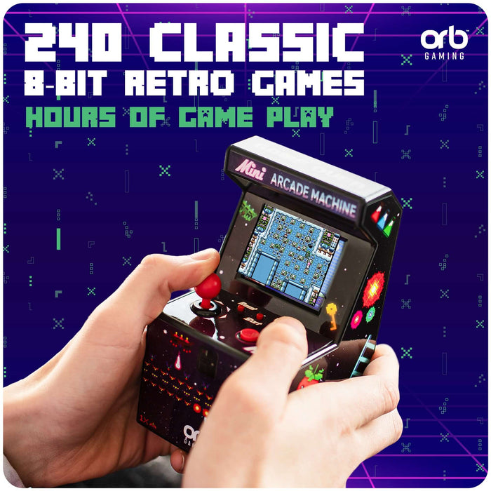 Person holding the Orb Retro Mini Arcade Machine featuring 240 classic 8-bit games for endless fun.