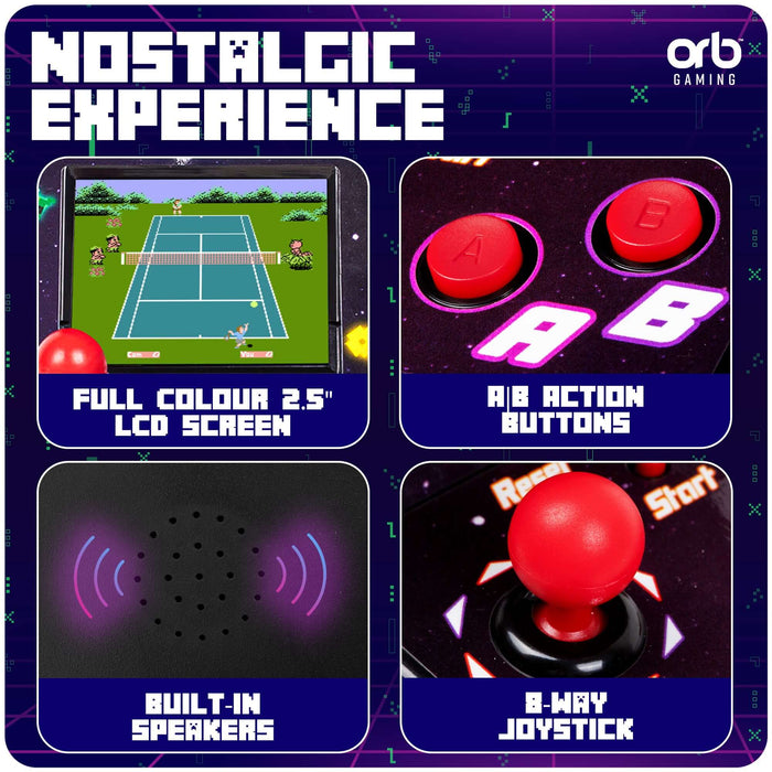 Image of Retro Mini Arcade Machine features: 2.5" LCD screen, A/B action buttons, built-in speakers, and 8-way joystick for classic gaming.