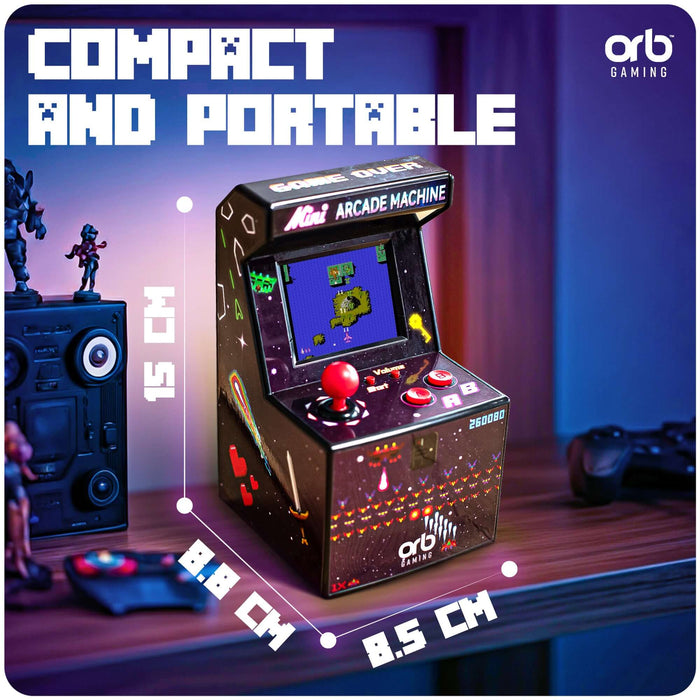Retro Mini Arcade Machine (240 Games) showcased as compact and portable, perfect for gaming anywhere.
