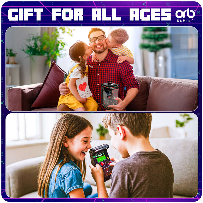Family enjoying the Orb Retro Mini Arcade Machine with smiles, showcasing it as a fun gift for all ages.